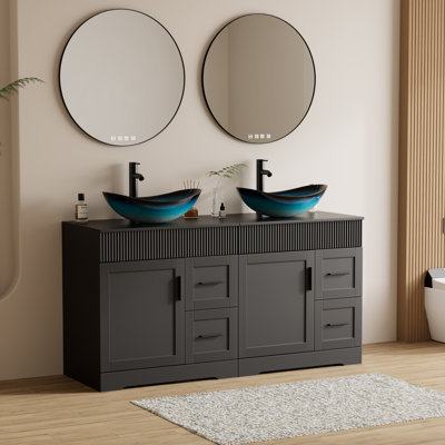 Ensemble de meuble-lavabo sur pied 60 po à double cuve avec comptoir en bois manufacturé, lavabo vasque, robinet et drain, peint à la main résistant à l'eau