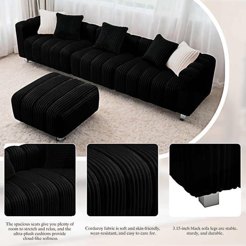 3-Seater Sofa With Ottoman, Black Corduroy