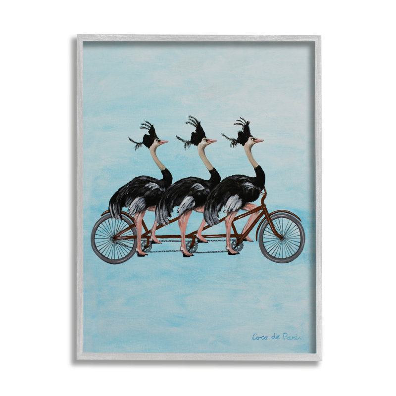 Autruches chevauchant une bicyclette tandem «rigolo» par Coco de Paris - Peinture, H 30 po x l 24 po x P 1,5 po
