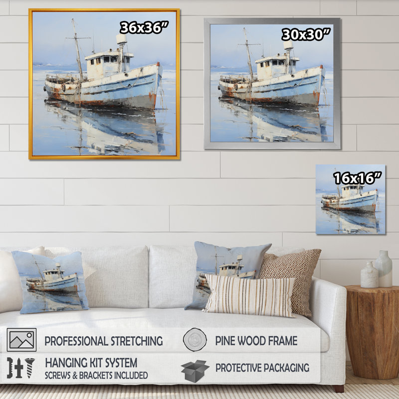 «Tranquil Waters Fishiing» - Art mural bateau, Toile tendue, H 16 po x l 16 po x P 1 po
