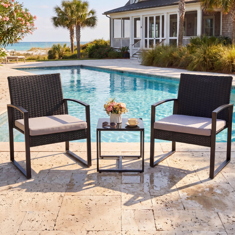 3 Piece Wicker Patio Bistro Set with Coffee Table, Outdoor Rattan Conversation Set for Balcony Porch Garden Yard Poolside