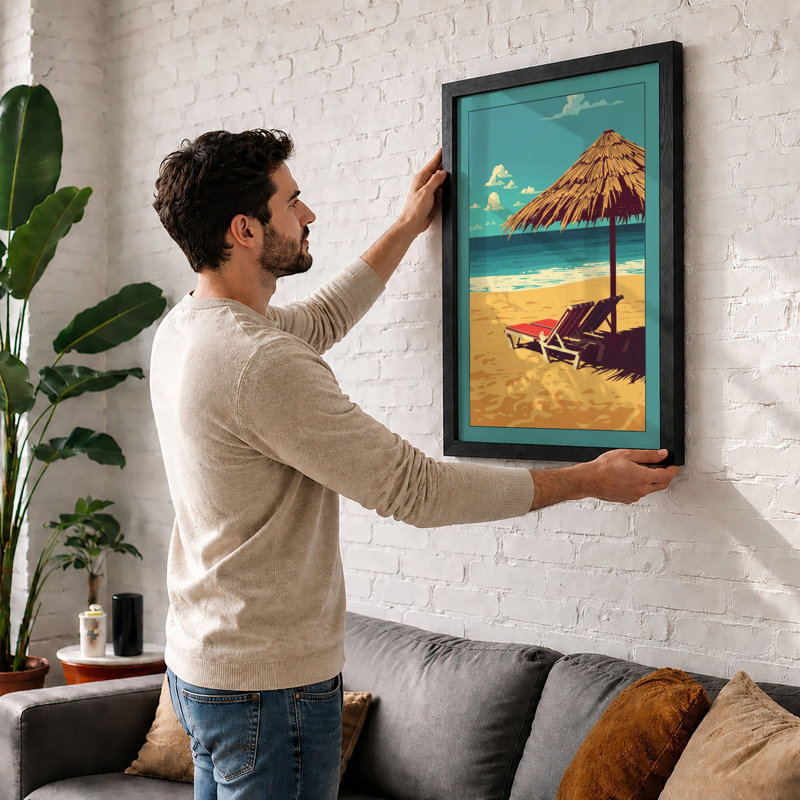Lounge and Umbrella Coastal - Framed Print, Unframed, A3 - 42.0 x 29.7 cm