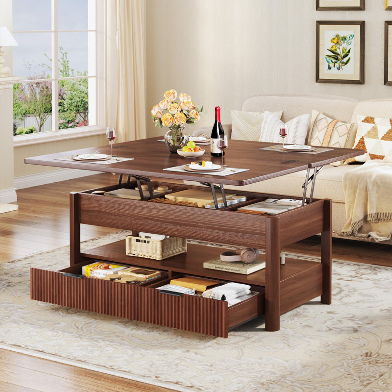 4 In 1 Lift Top Coffee Table With Hidden Storage And Drawers, Brown