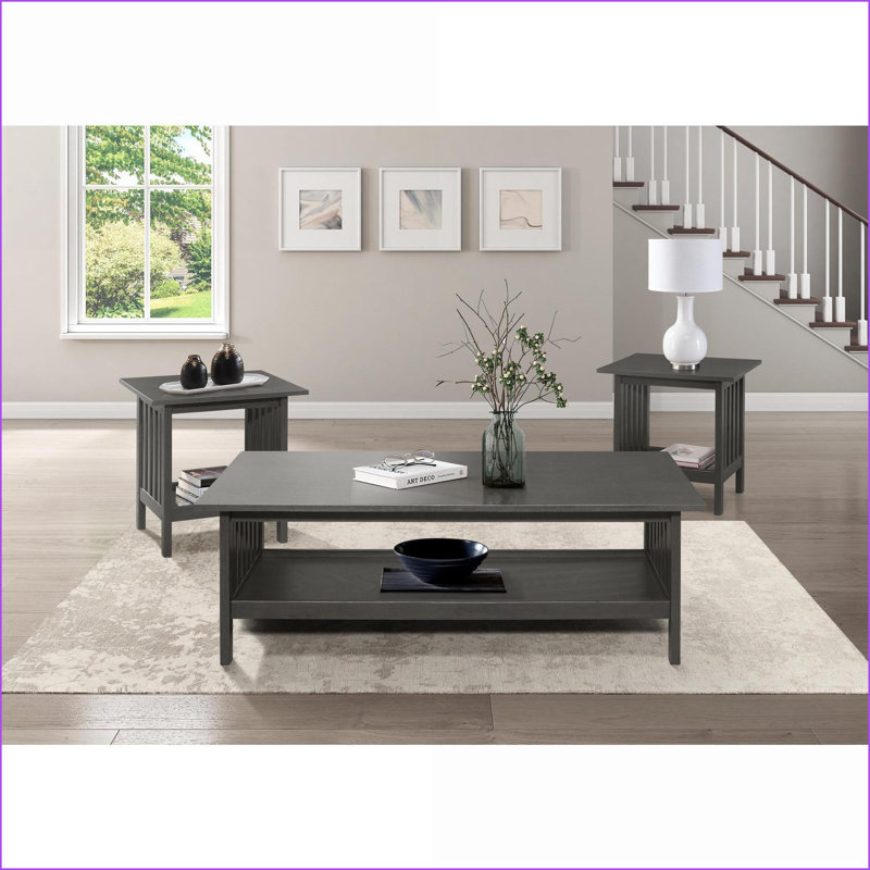 Ensemble de tables basses 3 pièces Classic Antique Gray avec tablettes, fabriqué en Malaisie pour le salon