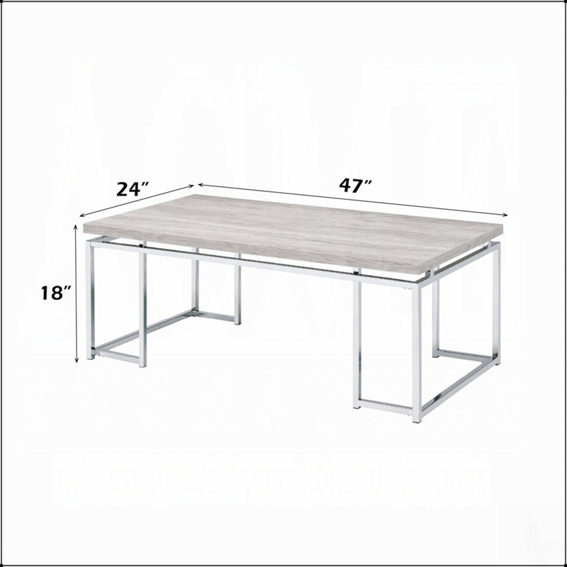 Table basse contemporaine moderne en chêne naturel avec piètement en métal chromé, idéale pour les salons et les bureaux élégants.