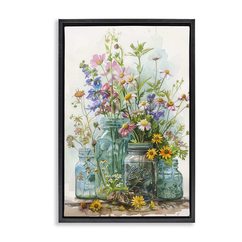  Bright Garden Blooms Jars Framed Floater Canvas by Franklyn Gregory, 31" H x 21" W, Jet Black Floater Frame
