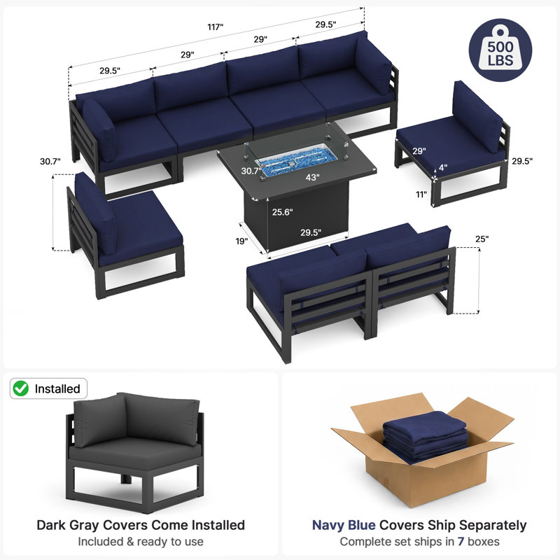Modern 9-piece Aluminum Patio Conversation Set With Propane Fire Pit Table, 500lb Capacity Heavy-duty Outdoor Sectional Set With Cushions