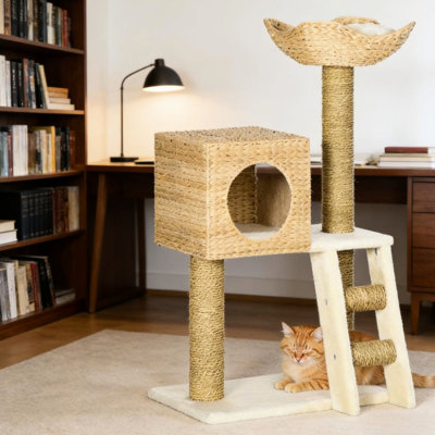Cat Tree For Indoor Use With Soft Bed, Cattail Weave Scratching Posts, Exercise, Stable Particle Board, White Color, Assembly Needed