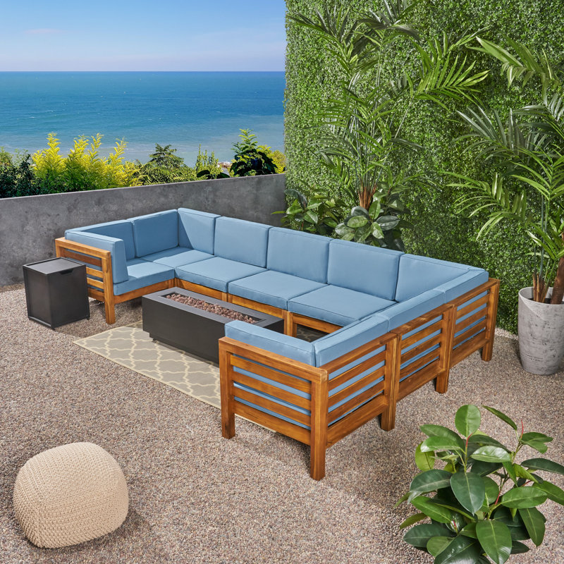 8 - Person Modular Patio Conversation Set with Cushions, Teak Frame / Blue Cushion