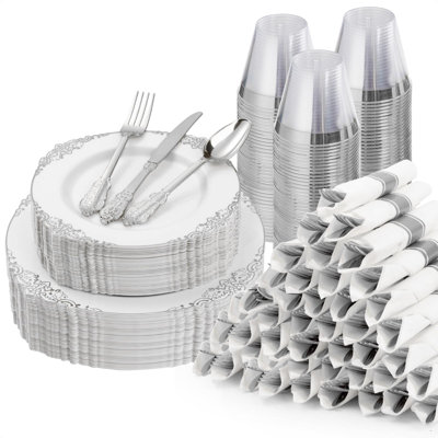 350 assiettes en plastique bleu et or 350 pièces, ensemble de vaisselle jetable pour 50 invités, 100 assiettes jetables, 150 pièces d'argent, 50 tasses, 50 serviettes de table pour le mariage, la fête, la remise des diplômes