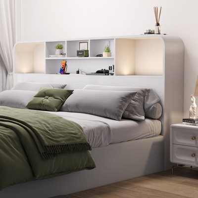 Rounded-Edge Bookcase Headboard with LED Lighting & Built-In Charging Station, King
