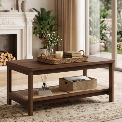 2-Tier Rectangular Coffee Table, Boho Center Table with Rattan Storage Shelf, Easy Assembly, 39.4" L | Boho Wooden Rectangular Center Table for Living Room, Apartment, Easy Assembly