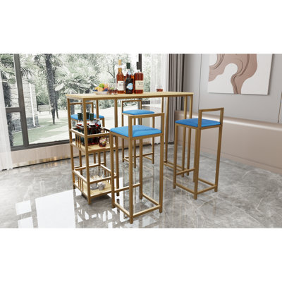-piece bar table and chair set with gold frame, multi-layer tabletop, sponge cushions, beige and blue upholstery by Mercer41