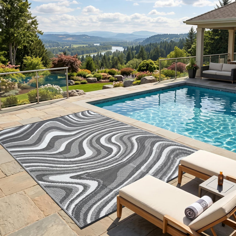 Tapis d'extérieur moderne en plastique pour pique-nique sur le balcon de la cour arrière, Gray, Rectangle 10' x 14'