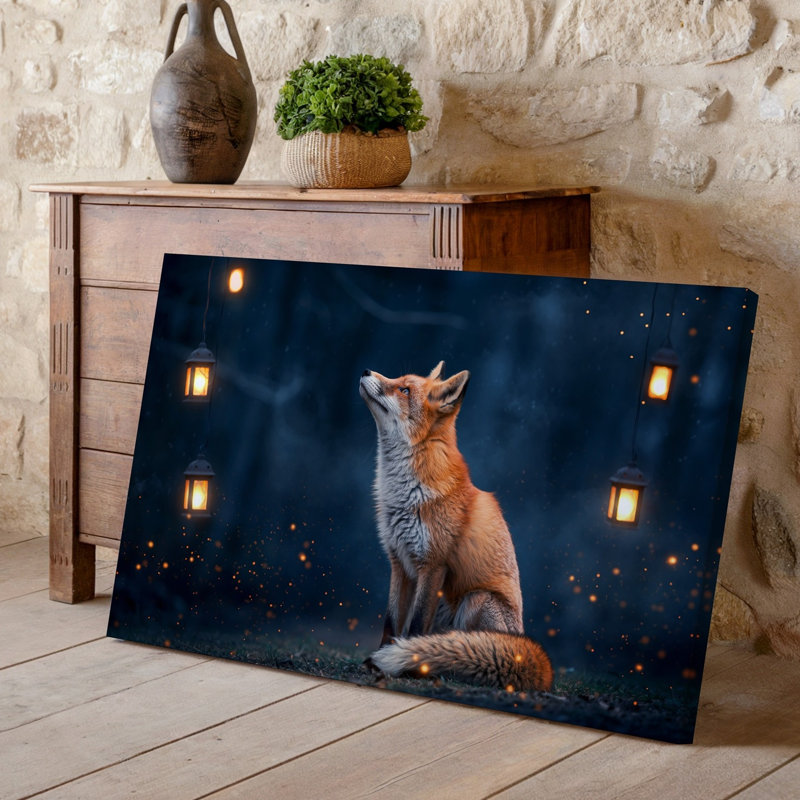 Toile, scène sereine nocturne avec un renard roux assis gracieusement, art mural sur le sol, H 30 po x l 30 po
