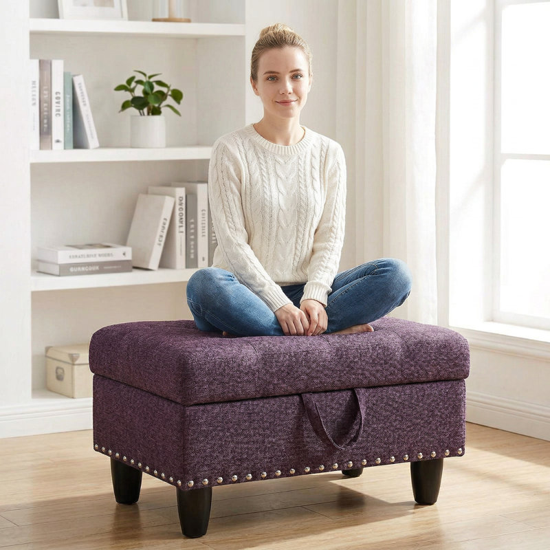 Amaranthus Red Linen Fabric Storage Footstool, Wear-resistant And Breathable Solid Wood Frame, High Elasticity Sponge, Red