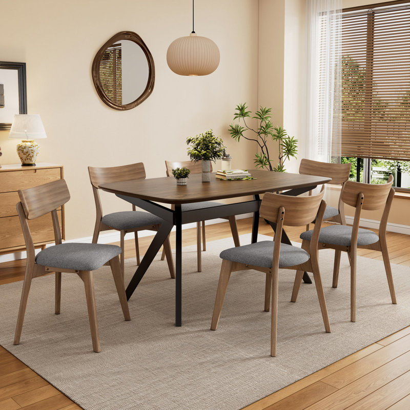 Ensemble de salle à manger 7 pièces avec structure en bois d'hévéa, 7 pièces : table, 6 chaises