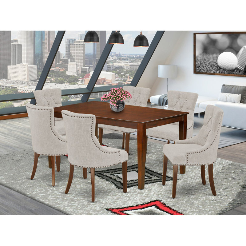 7 Piece Dining Table Set Consist of a Rectangle Kitchen Table and 6 Doeskin Linen Fabric Upholstered Parson Chairs, Mahogany