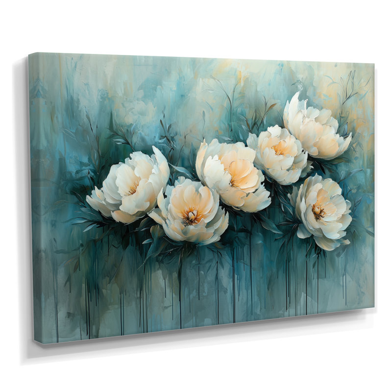 «Winter Blue Watercolor Peony Elegance III», reproduction d'art sur toile encadrée, 24" H x 32" W, Toile tendue