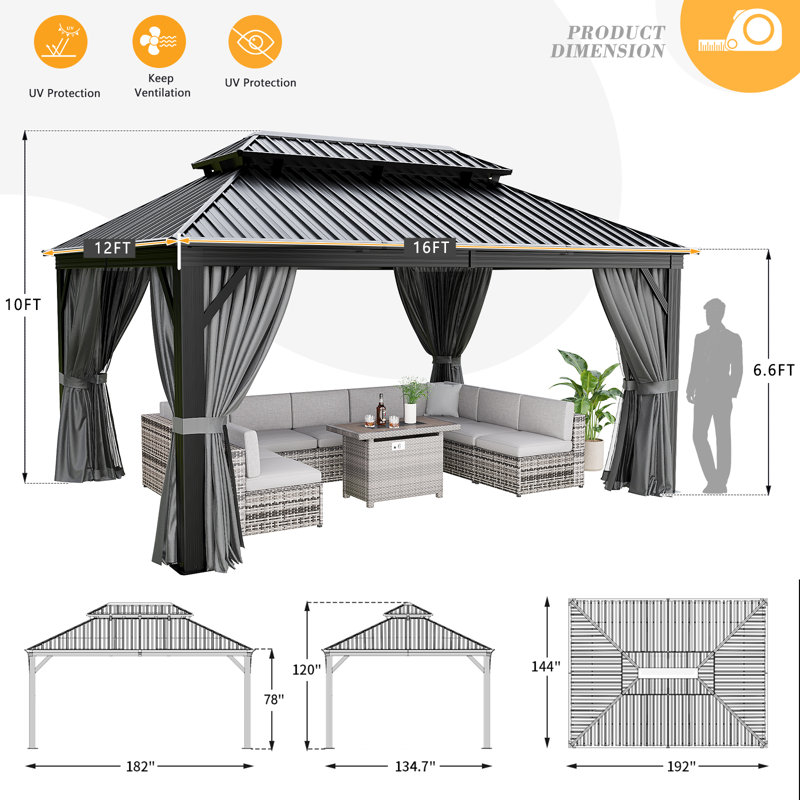Pavillon de jardin en aluminium avec double toit, 16 pi x 12 pi