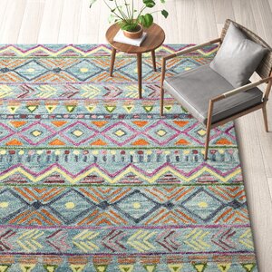 Nehemiah Geometric Handmade Tufted Wool Teal Area Rug