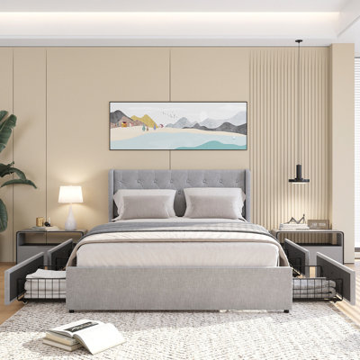 Grand lit plateforme avec rangement à 4 tiroirs et tête de lit à oreilles chic, tiroirs gris contemporain