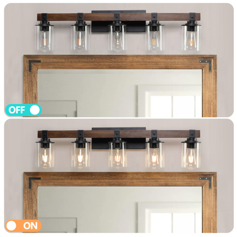 Applique murale de salle de bain 35 lumières rustique 35 po avec abat-jour en verre et accent de bois, luminaire campagnard moderne