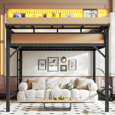 Structure de lit mezzanine pleine grandeur en métal avec tablettes de rangement et panneau perforé, ports USB, lumières DEL, lit mezzanine robuste et sécuritaire, naturel