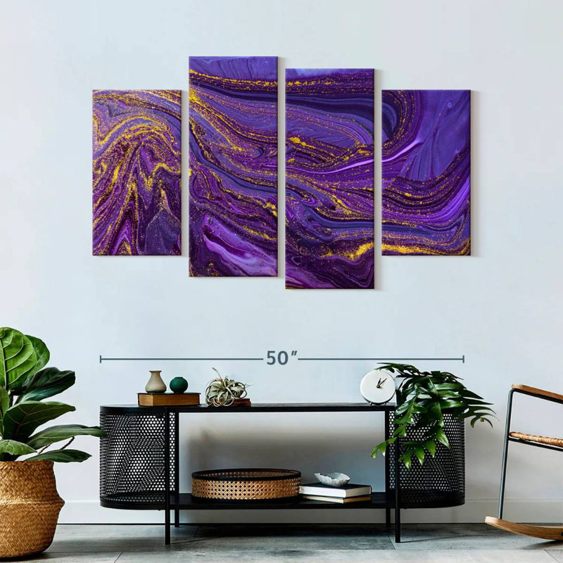 Dynamic Abstract Purple Abstract On Canvas 4 Pieces Set, 32" H x 52" W x 1.25" D