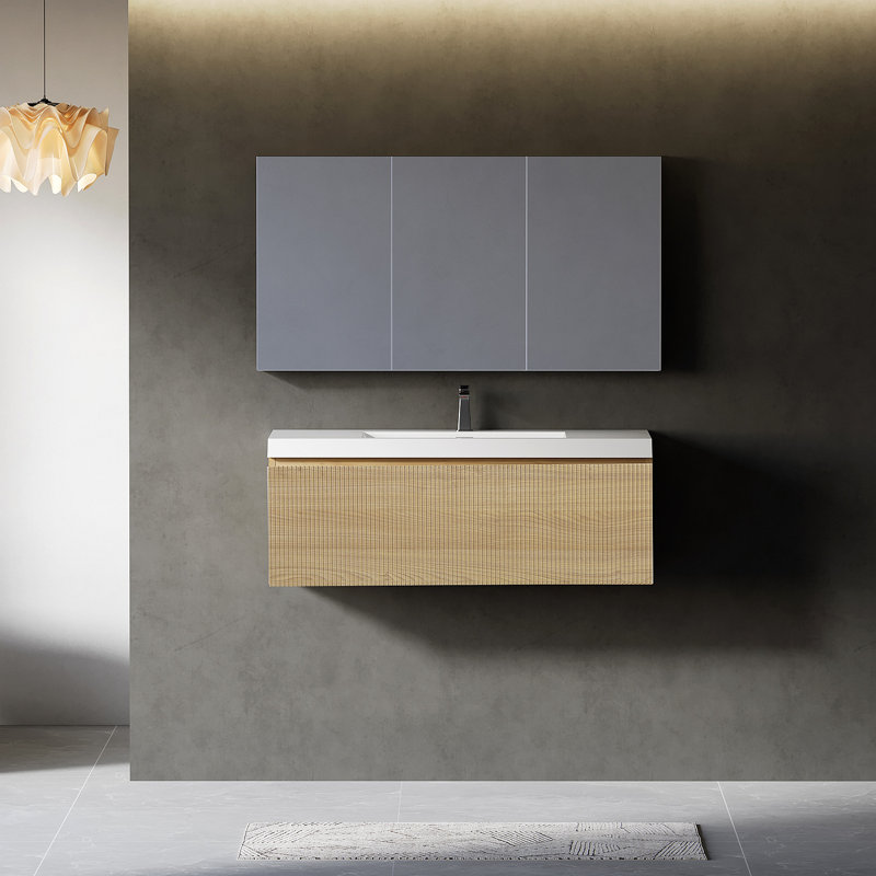 Ensemble de meuble-lavabo flottant 42 po avec lavabo, meuble de rangement mural moderne à rayures avec tiroir à fermeture en douceur et lavabo à surface solide blanc brillant, 24V16-42NOW