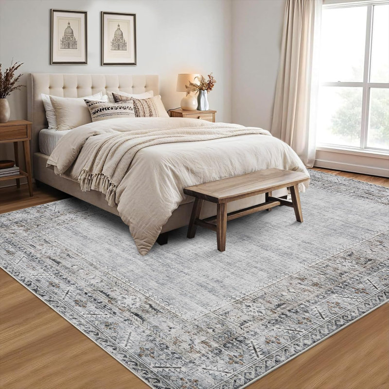 Tapis de couloir à bordure rétro lavable 2 x 6 antidérapant, à poils courts, résistant aux taches et aux taches de Boho, pour couloir de cuisine, salon, chambre à coucher, taupe / brun.