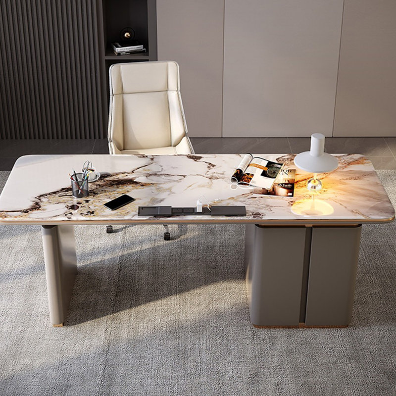 Bureau rectangulaire gris en bois manufacturé avec 3 tiroirs, H 29,53 po x l 55,12 po x P 27,56 po, Retour à gauche