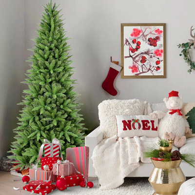 Arbre de Noël mince 9 pi - 2152 pointes, branches en PE + PVC, conception à charnières pour une installation facile, support en métal stable