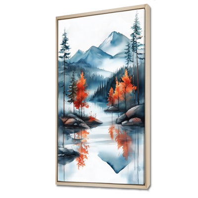 Bleu orange, bleu et orange, sommet d'une montagne, brume II - impressions encadrées rustiques, décoration murale brumeuse