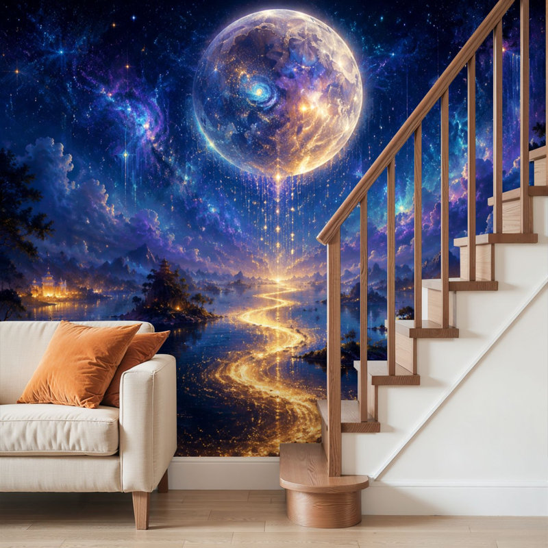 Peler et coller papier peint fantaisie lune cosmique mystique île lac reflets lumineux art mural étoilé auto-adhésif et amovible