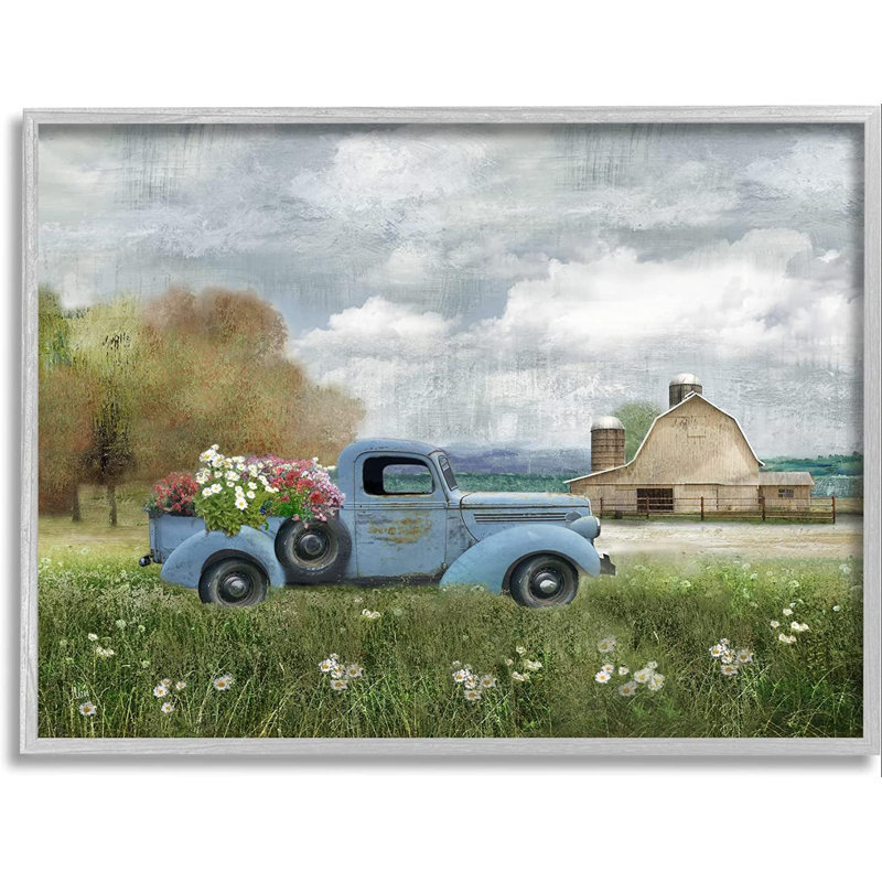 Vintage Blue Truck Flower Bouquet Cloudy Sky Farm