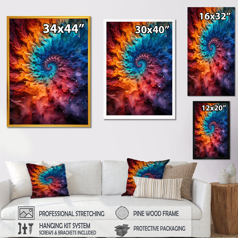 «Colorful Space Fractal Vortex III», impression d'art mural fractal, Cadre flottant doré, H 60 po x l 28 po