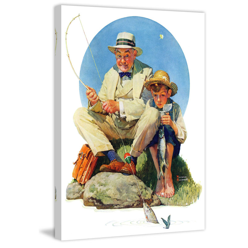 « catching the big one » par norman rockwell, reproduction d’art sur toile tendue, H 39 po x l 30 po