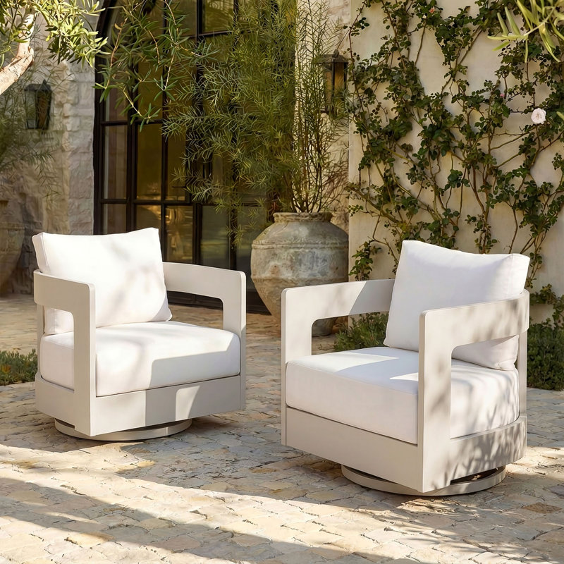 Chaises pivotantes d'extérieur en aluminium avec coussins Sunbrella (ensemble de 2), Coussin blanc / cadre champagne