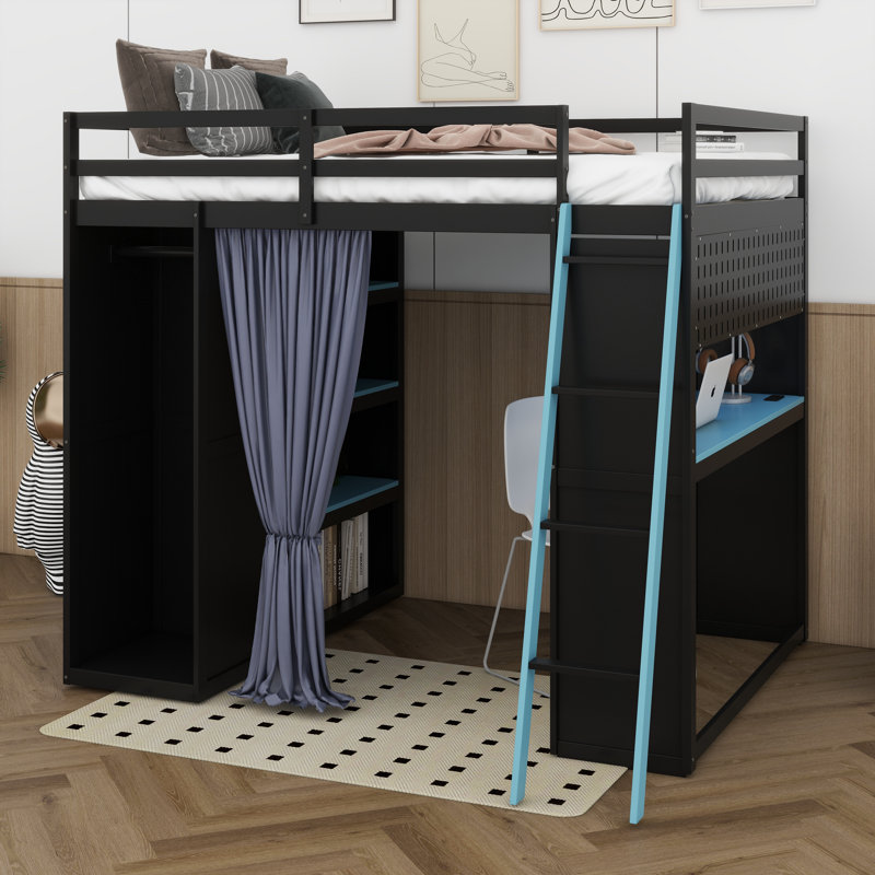 Full Size Wood Loft Bed With Desk, All-In-One Loft Bed With Wardrobe, Shelves, Blackout Curtains And RGB Lights, Black/Blue