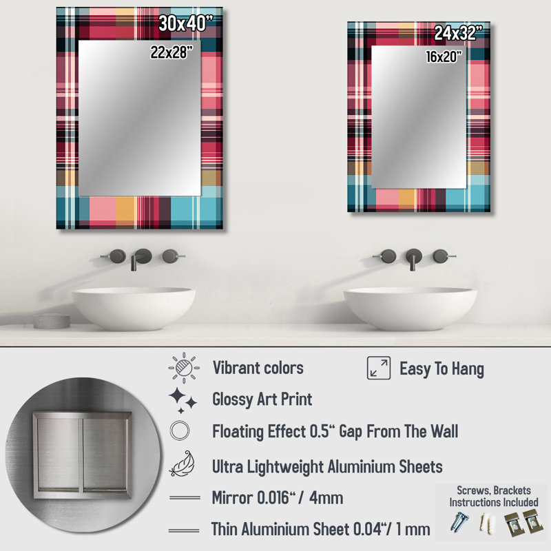 Bohemian Pink And Blue Plaid Pattern - Plaid  Mirror, Plaid Decorative Wall Mirror, Printed Metal Art, 32" x 24"