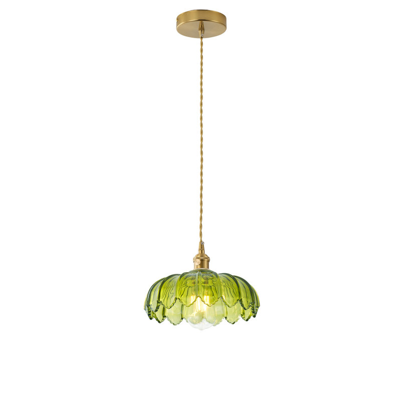 1-Light E26 Base Polished Brass Metal and Glass Dome Flower Pendant Light, Adjustable Height, Dimmable, ETL Listed