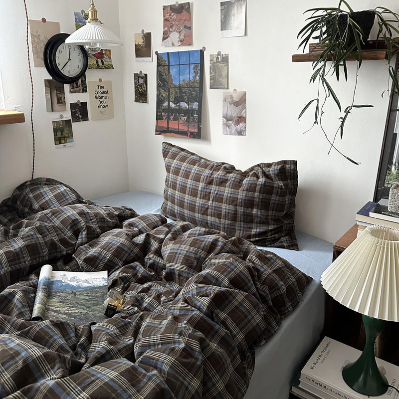 Vintage Brown & Blue Buffalo Plaid Duvet Cover Set Soft & Breathable Microfiber Duvet Cover With Pillowcases