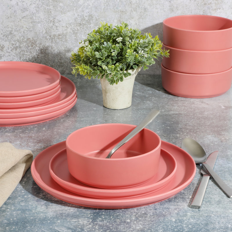Gibson Home Canyon Crest 12-Piece Stackable Matte Melamine Dinnerware Set, Rose Red