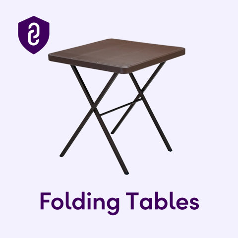 Brown square folding table with black metal crossed legs