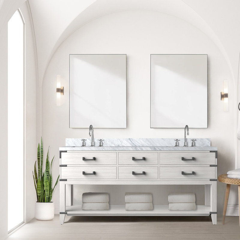 72 po Meuble-lavabo double W en chêne blanc avec plateau en marbre - bois massif, fermeture en douceur, pré-percé pour 8 robinets, comptoir spacieux à largeur de rangement, conception étroite, quatre tiroirs abondants et tablette ouverte