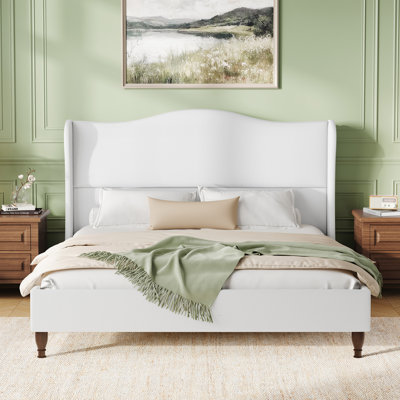 Queen Size Upholstered Wingback Platform Bed with Tall Headboard-White