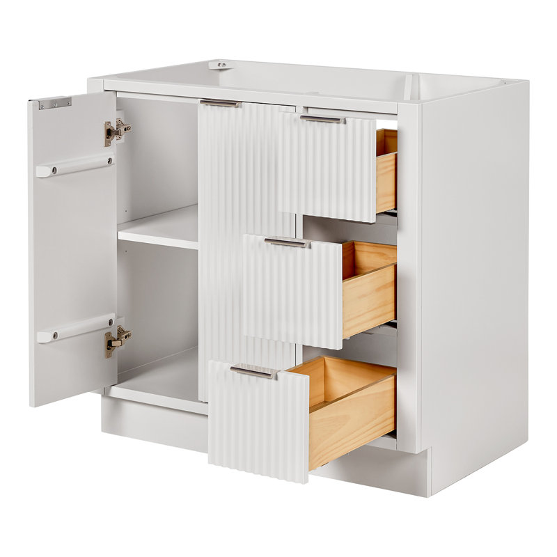 Base de meuble-lavabo décalée gauche en bois massif 36 po Haun, Blanc chaud