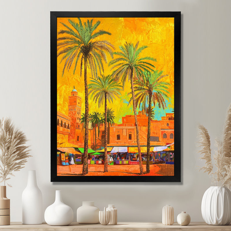 Désert, oasis, art marocain, paysage, H 20 po x l 12 po, Picture Framed Print, Noir