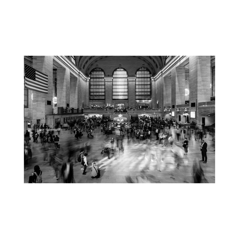 New York, New York, USA - Passengers Walking In Great Hall Of Grand Central Station In Black And White - Wrapped Canvas Print